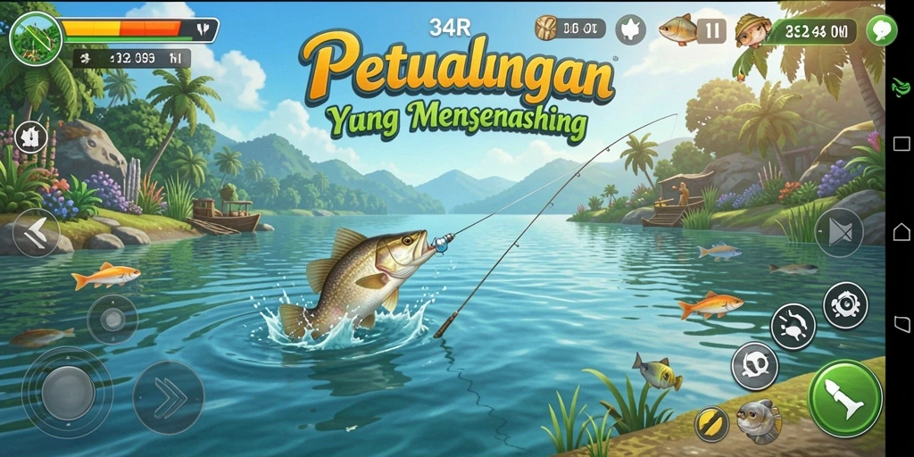 Screenshot gameplay 34R yang menunjukkan aksi memancing seru.