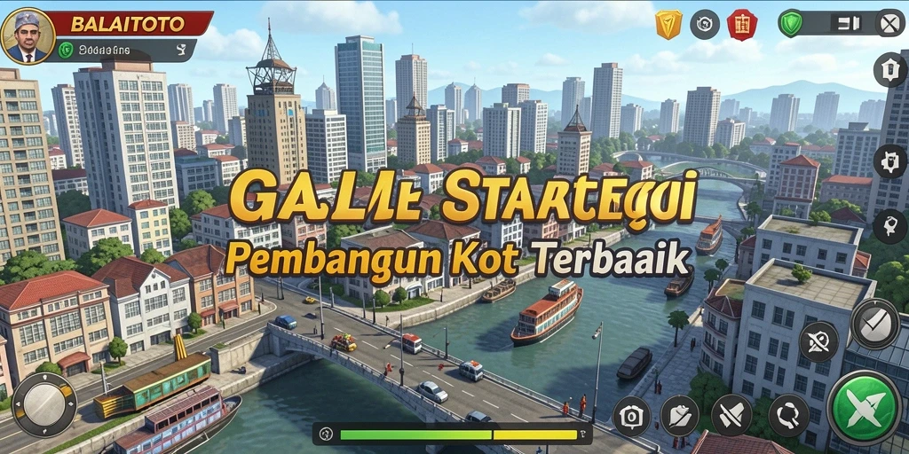 Tangkapan layar utama BALAITOTO menampilkan pembangunan kota yang dinamis dan interaksi antar pemain.