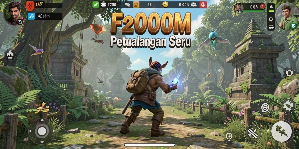 Tangkapan layar F200M menampilkan aksi seru dalam permainan petualangan.