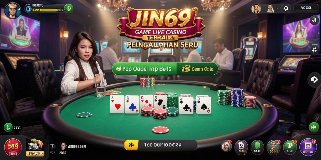 Screenshot gameplay JIN69 menampilkan dealer langsung dan suasana kasino nyata.