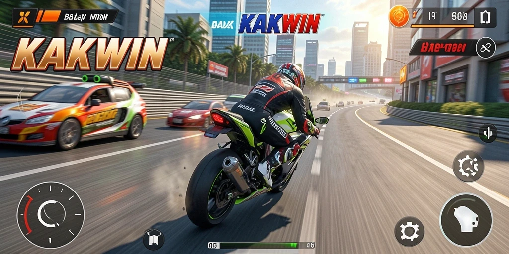 Screenshot KAKWIN menampilkan aksi balap motor yang intens.