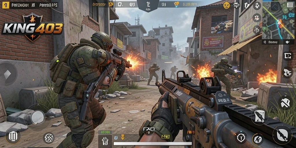 Screenshot KING403 menampilkan aksi pertempuran yang mendebarkan dalam game FPS.