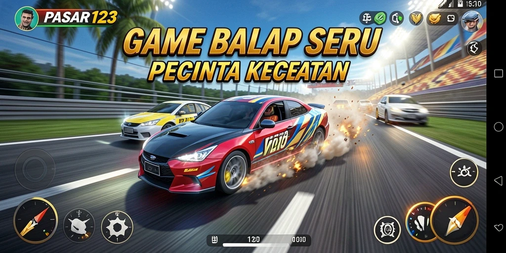 Tampilan gameplay PASAR123 dengan mobil balap di lintasan.